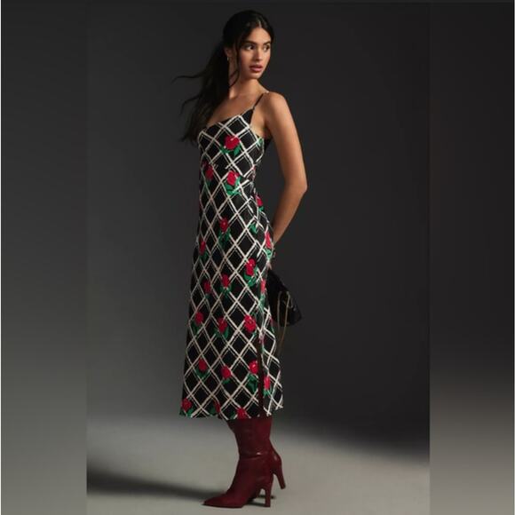Anthropologie Black White Grid Elyse Slip Dress Red Floral Rose Print Medium - Picture 1 of 10
